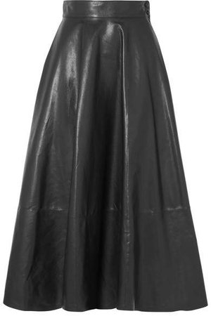 Pleated Leather Midi Skirt - Black