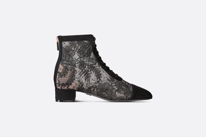 Naughtily-D Ankle Boot Black Transparent Mesh and Suede Embroidered with Dior Roses Motif | DIOR