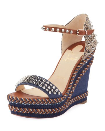 Christian Louboutin Madmonica 120mm Spiked Denim Wedge Red Sole Sandals | Neiman Marcus