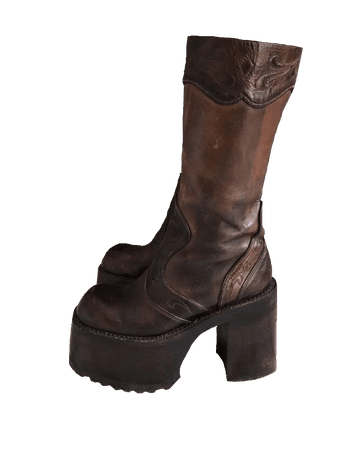 brown leather boots booties ankle calf chunky round toe heel heels