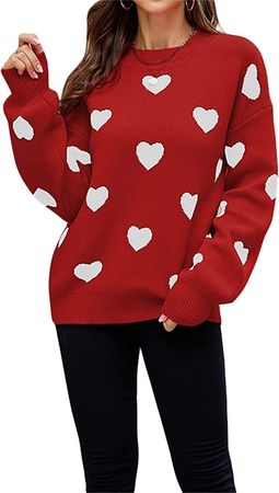 Women's Love Heart Pullover Sweaters Long Sleeve Crewneck Cute Heart Knitted Jumper Sweater (Red, L) at Amazon Women’s Clothing store