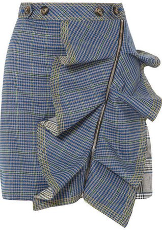 Ruffled Checked Tweed Mini Skirt - Blue