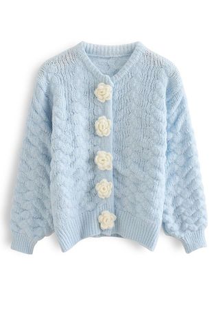 Flowers Button Down Embossed Bubble Sleeves Cardigan in Blue - Retro, Indie and Unique Fashion