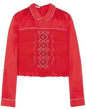 Cropped Smocked Embroidered Poplin Blouse