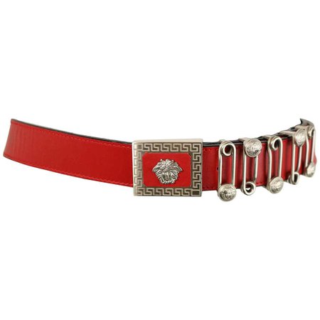 Vintage 90s Gianni Versace Red Leather Silver Medusa Pin Belt For Sale at 1stdibs