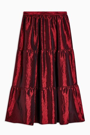 Burgundy Taffeta Tiered Midi Skirt | Topshop