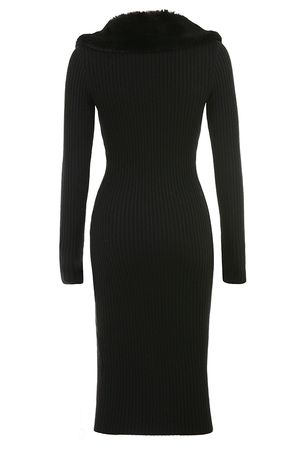 Clothing : Midi Dresses : 'Raine' Black Faux Fur Trim Dress