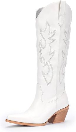 Amazon.com | Pasuot White Cowboy Boots for Women - Wide Calf Cowgirl Knee High Western Boots with Side Zip and Embroidered, Pointed Toe Chunky Heel Retro Classic Tall Boot Pull On for Ladies Fall Winter Size 7 | Knee-High