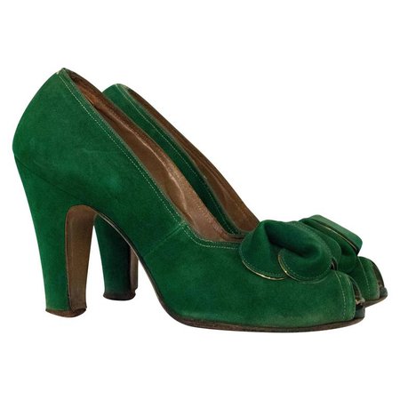 30s Paradise Shoes Green suede Heels For Sale at 1stdibs