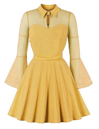 yellow mesh bell sleeve dress