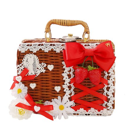 Lolita Rattan Box Woven Basket Tea Party Gorgeous Strawberry Bow Handbag Girl Kawaii Straw Hat Cosplay Rattan Suitcase on AliExpress