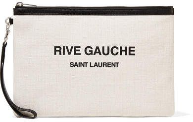 Leather-trimmed Printed Canvas Pouch - Cream