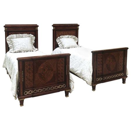 Pair of Antique French Louis XVI Mahogany Marquetry Twin Beds with Bronze Ormolu For Sale at 1stDibs