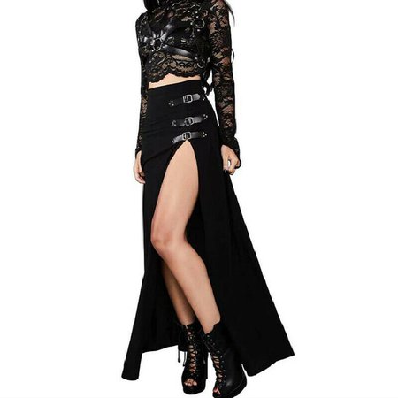 Women Side Split Skirts Gothic Black Punk Rivets Buckle Strappy Long Dress Party | eBay