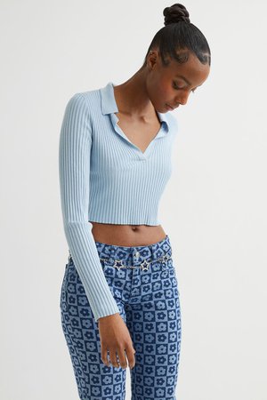 Collared Ribbed Top - Light blue - Ladies | H&M US