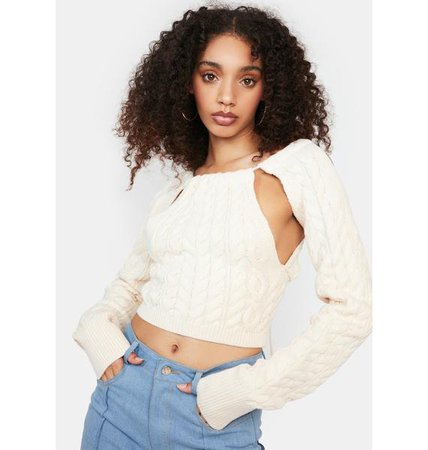 Cut Out Long Sleeve Cable Knit Crop Top - Cream | Dolls Kill