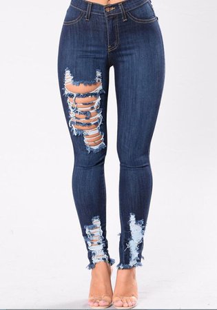 Dark Blue Zipper High Waisted Ripped Destroyed Skinny Long Jeans - Jeans - Bottoms