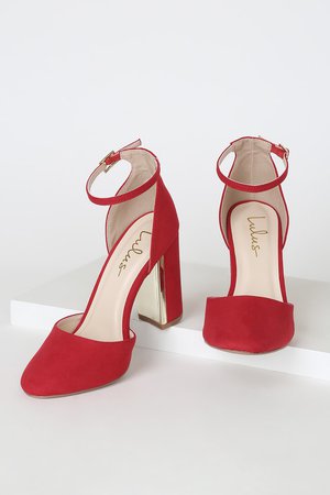 Chic Red Suede Heels - Ankle Strap Heels - Block Heels