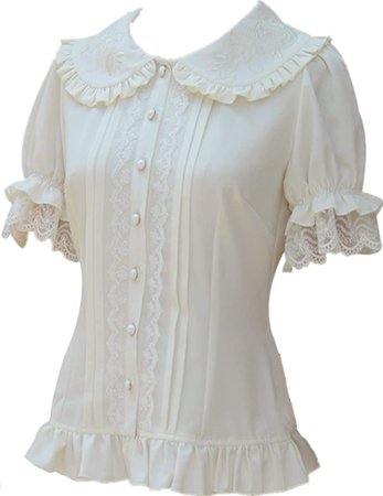 TanQiang Women's Sweet Lolita Shirt Short Puff Sleeve Flower Embroidered Peter Pan Collar White Ruffle Blouse (XL) at Amazon Women’s Clothing store