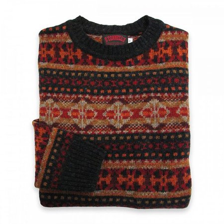 O'Connell's Scottish Shetland Fair Isle Sweater - Charcoal & Rust - Men's Clothing, Traditional Natural shouldered clothing, preppy apparel