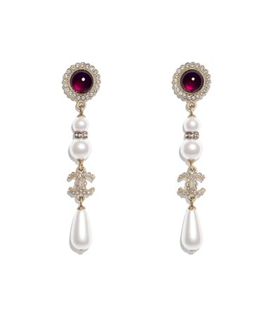 Metal, Glass Pearls & Strass Gold, Pearly White, Red & Crystal Earrings | CHANEL