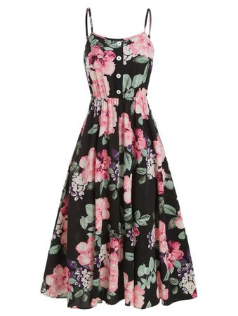 Flower Print Buttoned Knee Length Cami Dress
