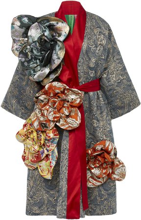 Rianna + Nina Exclusive Belted Floral-Appliquéd Silk-Brocade Coat