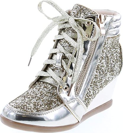 Amazon.com | Forever Link Women's Fashion Glitter High Top Lace Up Wedge Sneaker Shoes | Fashion Sneakers