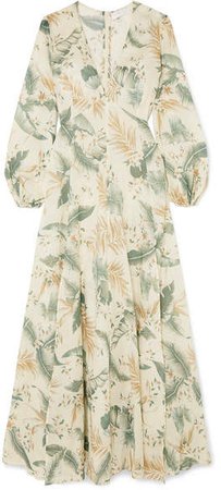 Printed Cotton-voile Maxi Dress - Gray green