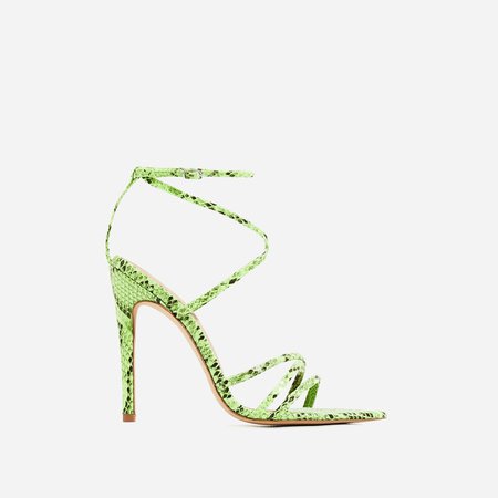 Kaia Pointed Barely There Heel In Neon Green Snake Print Faux Leather | EGO