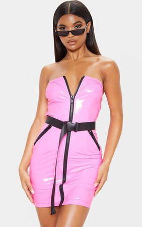 Neon Pink Vinyl Bandeau Zip Up Buckle Detail Dress | PrettyLittleThing