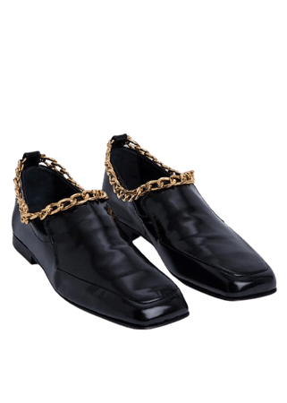 BY FAR NICK CHAIN ANKLET LOAFERS IN BLACK SEMI PATENT LEATHER