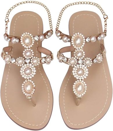 AIJIVOU Women's Rhinestone Flat Sandals, Women Flip Flops with Clip Toe RingBeadeed Rhinestone Crystal Jeweled Sandal Shoes for Summer Beach Oceanside Holiday Outdoor | Flats
