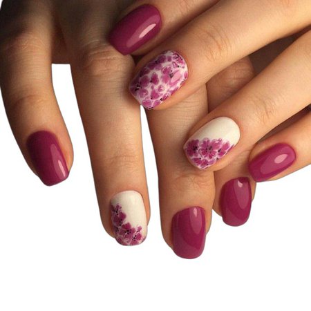 fuschia magenta nauld with white floral accent nails