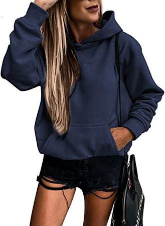 SHEWIN Womens Hoodies Pullover Long Sleeve Casual Comfy Hoodie Fall Lightweight Hooded Sweatshirt Women,US 4-6(S),Dark Blue at Amazon Women’s Clothing store