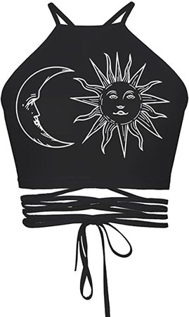 Women's Teens Girls Juniors Halter Sexy Vest Crop Top Shirt(Black Sun) at Amazon Women’s Clothing store
