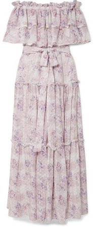 Sophia Off-the-shoulder Ruffled Floral-print Fil Coupé Maxi Dress - Pastel pink