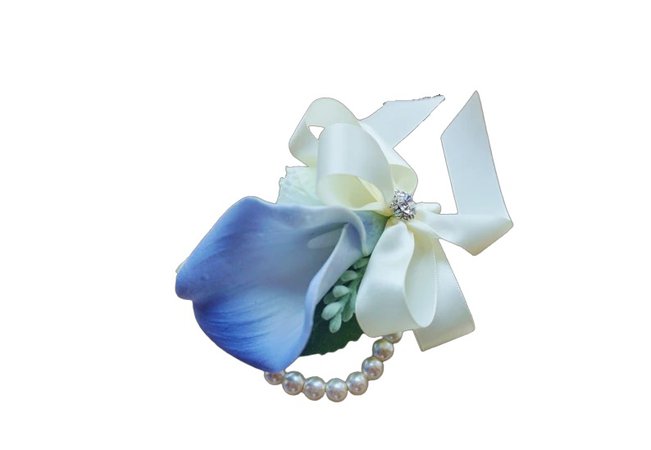Wrist Corsage, Cornflower Blue Calla Lily with Ivory Ribbons and rhinestone