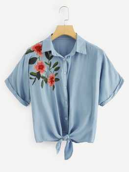 Flower Embroidered Knot Hem Shirt A13255 - FAYROUZY