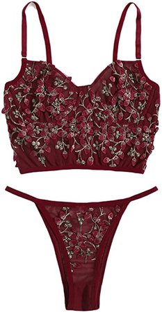 Amazon.com: WDIRARA Women's Floral Embroidery Mesh Underwire Lingerie Set Straps Bra and Panty Burgundy S: Clothing