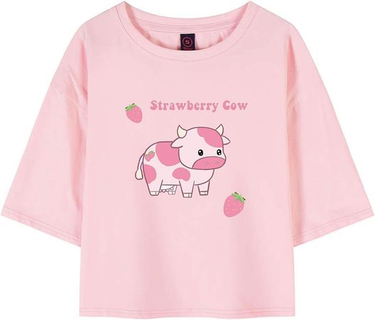Amazon.com: KEEVICI Girls' Cute Strawberry Cow Print T Shirts Short Sleeve Crop Cotton Tops (Pink,S,): Clothing, Shoes & Jewelry