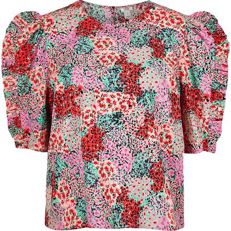 Pink floral frill sleeve poplin blouse | River Island