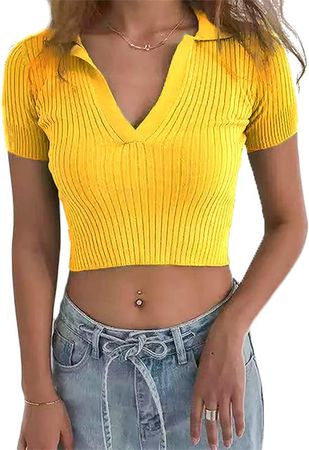 Hyipels Women's Crop Top Polo Shirts Summer Collor Female T-Shirt Short Sleeve Ribbed Solid Sexy V Neck Knit Tops at Amazon Women’s Clothing store