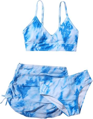 SOLY HUX Girl's 3 Piece Swimsuits Tie Dye Bikini Bathing Suit with Cover Up Beach Skirt Blue 150 : Clothing, Shoes & Jewelry