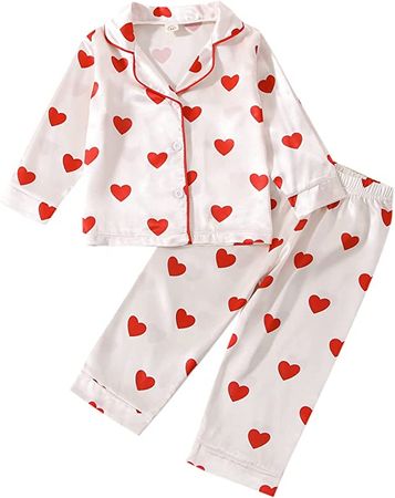 Amazon.com: BULINGNA Kids Toddler Girl Valentine's Day Pajamas Set Heart Print Button Down Pajamas Top Long Pants Satin Two Piece Pjs Sleepwear Clothes (White+Red, 3-4 Years): Clothing, Shoes & Jewelry