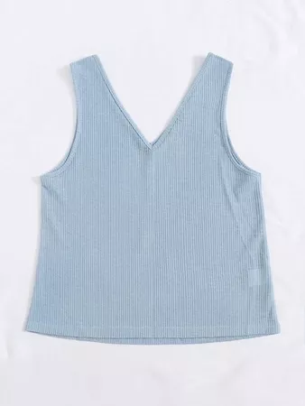 Double V-neck Rib-knit Tank Top | SHEIN USA blue