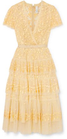 Angelica Tiered Embroidered Tulle Midi Dress - Yellow