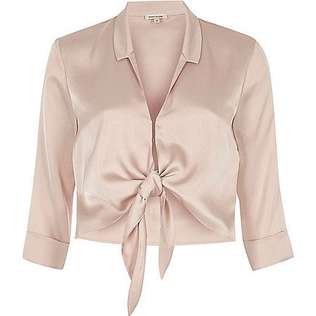 Pink Satin Tie Front Cropped Shirt