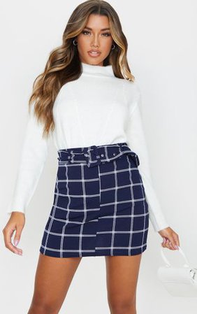 Navy Check Belted Mini Skirt | Skirts | PrettyLittleThing