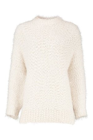 Oversized Premium Boucle Feather Knit Dress White mini  | Boohoo